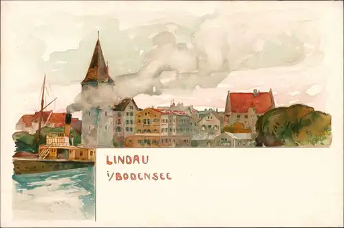 Sammelkarte Lindau (Bodensee) Stadt, Dampfer - Künstlerkarte 1907