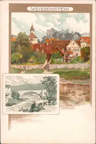 Weißenstein-Regen Künstlerkarte K. Mutter, Weissenstein mit Burg und Brücke 1910