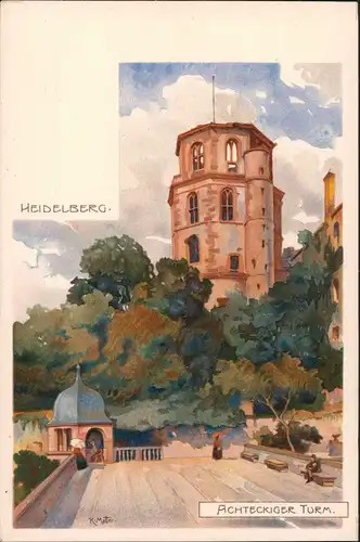Heidelberg 8-eckiger Turm, Kunst Künstlerkarte Künstler K. Mutter 1910