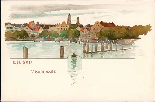Lindau (Bodensee) Künstlerkarte Gemälde Kunstwerk Stadt-Panorama 1910