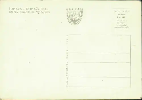 Rehberg Srní na Sumava ŠUMAVA - DOMAŽLICKO Baarův pomník na Výhledech 1960