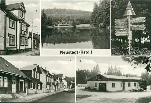 Neustadt am Rennsteig DDR Mehrbild-AK mit Bahnhofstraße, Waldbaude,   1985