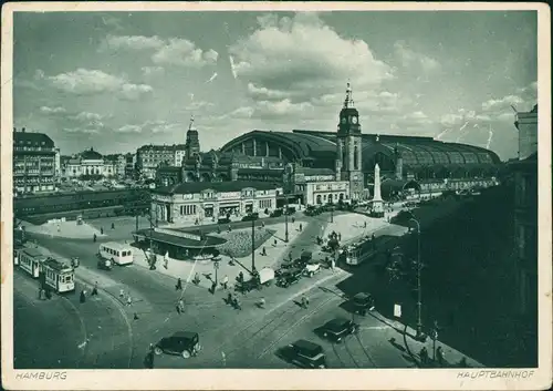 Ansichtskarte Hamburg Hauptbahnhof Bahnhof mit Vorplatz Tram Haltestelle 1930