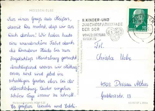 Meißen DDR  1968/1964   mit Stempel der Kinder- und Jugendspartakiade der DDR