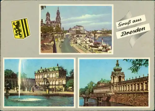 Dresden Stadtteilansichten DDR Mehrbild-AK ua. Zwinger, Elbe Partie 1960