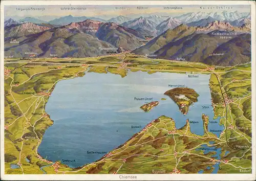 Ansichtskarte Chiemsee Chiemsee (See) Umgebungskarte, Alpen Panorama 1956