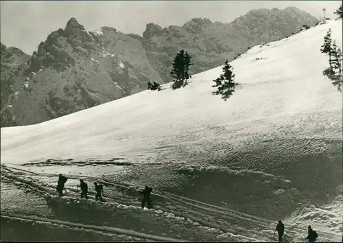 Sammelkarte Zakopane Umlandansicht, Ski-Wanderer, Text-Karte 1970