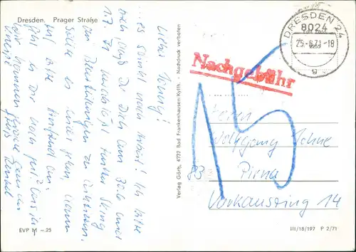 Dresden Prager Straße Abend-/Nach-Ansicht 1971   unfrankiert Nachgebühr-Stempel