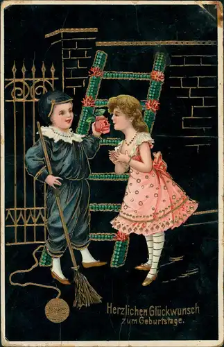 Geburtstag Schwarzlack-Goldprägekarte Junge Mädchen Leiter 1910 Goldrand