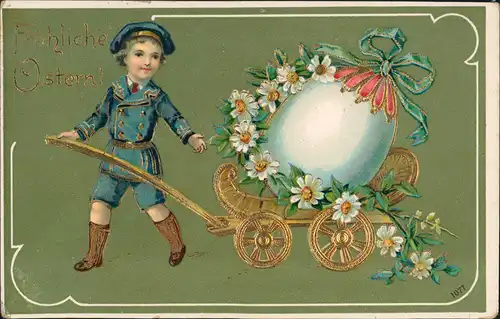 Glückwunsch Grußkarte Ostern Kind zieht goldenen Wagen mit Osterei 1910 Goldrand