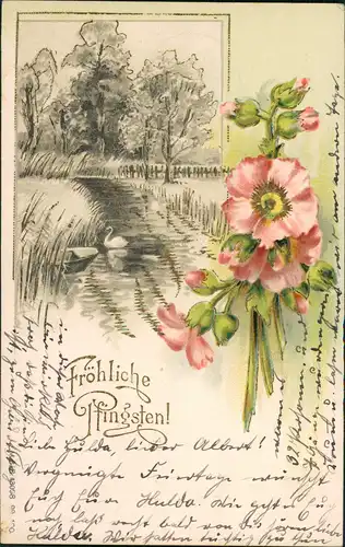 Ansichtskarte  Glückwunsch Pfingsten Landschafts-Partie 1902 Goldrand