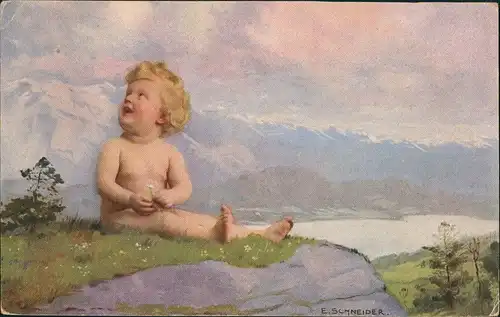 Ansichtskarte  Kind in der Bergwelt - Künstlerkarte E. Schneider 1912