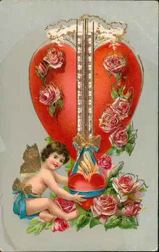 Ansichtskarte  Goldprägekarte Engel Liebe Herz Liebestermometer 1911 Goldrand