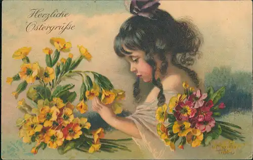Ansichtskarte  Ostergrüße Mädchen Blumen Künstlerkarte 1922