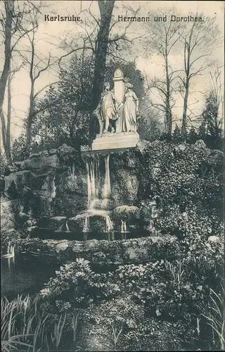 Ansichtskarte Karlsruhe Hermann und Dorothea Denkmal mit Wasserkunst 1908