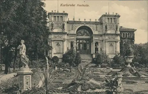 Ansichtskarte Karlsruhe Partie a.d. Festhalle mit Park & Skulpturen 1910