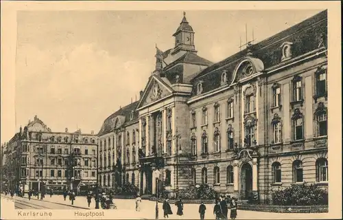 Karlsruhe Strassen Partie belebt an der Hauptpost Post Gebäude 1912