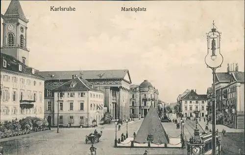 Karlsruhe Marktplatz Straßen & Gebäude Partie, Tram Straßenbahn 1909