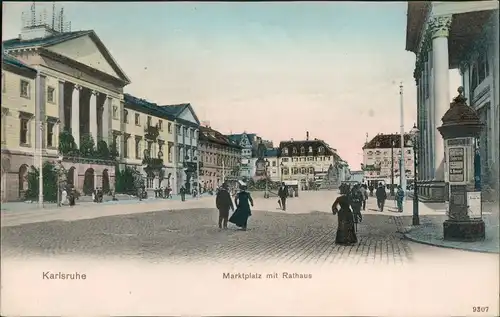 Karlsruhe Marktplatz 1907   mit  Bahnpoststempel Zug 1 (Frankfurt - Karlsruhe)