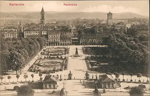 Karlsruhe Panorama-Ansicht über Schlossplatz und Stadt Richtung Breisgau 1908