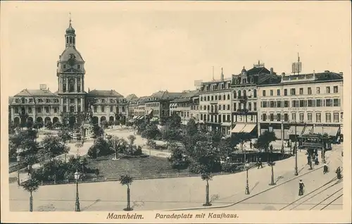 Ansichtskarte Mannheim Paradeplatz Häuser Straßen Partie mit Kaufhaus 1910