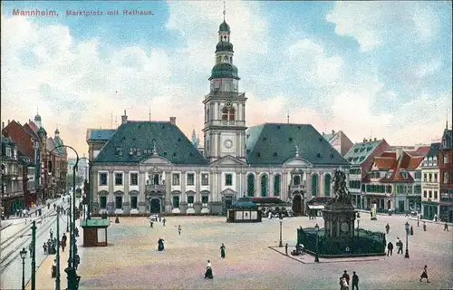 Mannheim Rathaus Marktplatz belebt, Denkmal Strassen Häuser Partie 1905