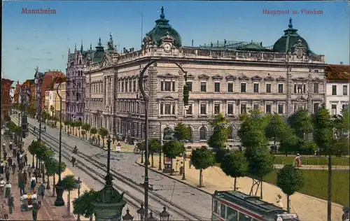 Mannheim Planken Partie mit Tram Litfaßsäule vor Hauptpost 1916