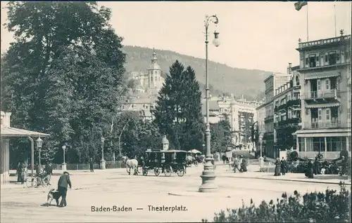 Ansichtskarte Baden-Baden Theaterplatz - Kutschen 1911