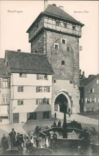 Ansichtskarte Reutlingen Garten-Tor - belebt 1912