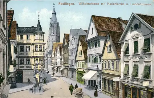 Ansichtskarte Reutlingen Wilhelmstraße - Colonialwaren 1914