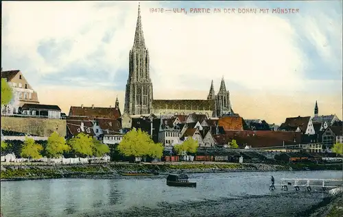 Ansichtskarte Ulm a. d. Donau Donaupartie und Brücke 1918