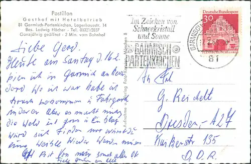 Ansichtskarte Garmisch-Partenkirchen Postillon Gasthof u. Hotel MB 1969