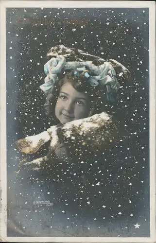 Ansichtskarte  Neujahr Mädchen im Schnee colorfoto 1908