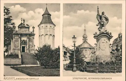 Ansichtskarte Rastatt 2 Bild Einsiedler Kapelle, Stadtkirche 1918