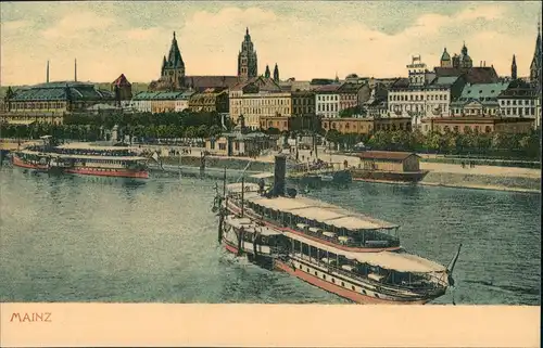 Mainz Panorama-Ansicht Promenade Schiffe Rhein Anlegestelle 1910