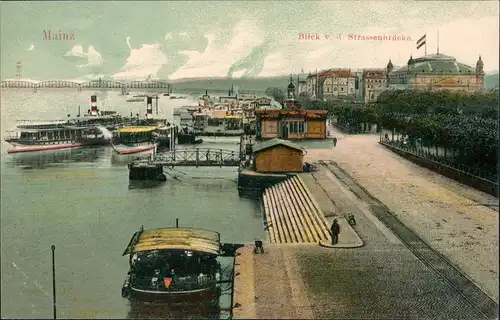 Mainz Rhein Schiffe Schiffsanlegestelle v.d. Strassen-Brücke aus 1910