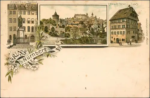Litho AK Nürnberg Gruss-aus-Litho Burg  Albrecht-Dürer Haus & Denkmal 1900