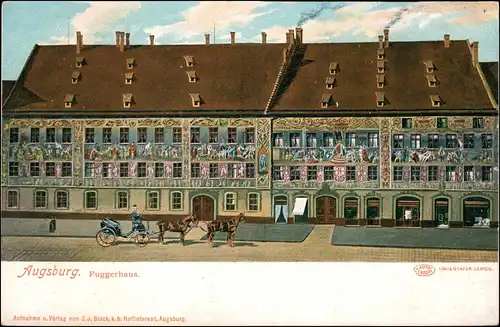 Litho AK Augsburg Pferde Fuhrwerk vor bemaltem Fuggerhaus, Fuggerei 1900