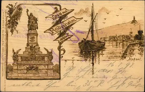 Ansichtskarte Litho AK Rüdesheim (Rhein) Holzbrand-Imitation 2 Bild 1898