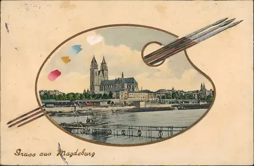 Magdeburg Stadt Malerpalette coloriert Künstlerkarte 1912 Prägekarte