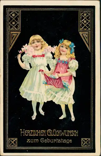 Glückwunsch Geburtstag Schwarzlack Goldprägekarte Mädchen 1912 Goldrand