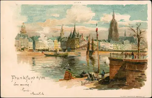 Litho AK Frankfurt am Main Main & Stadt Panorama Litho Künstlerkarte 1900