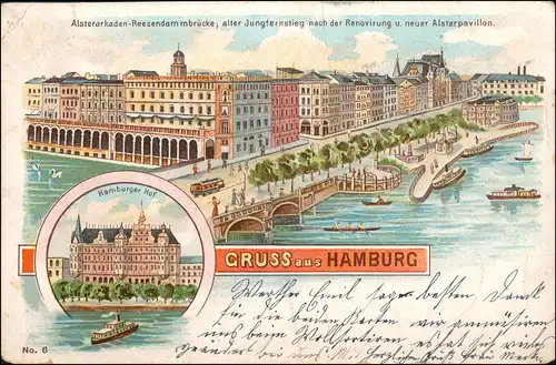 Litho AK Hamburg Mehrbild-Litho Alster Ansicht & Hotel Hamburger Hof 1901