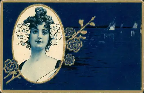 Ansichtskarte  Frau Künstlerkarte Gold Blauer See Jugendstil 1905 Goldrand