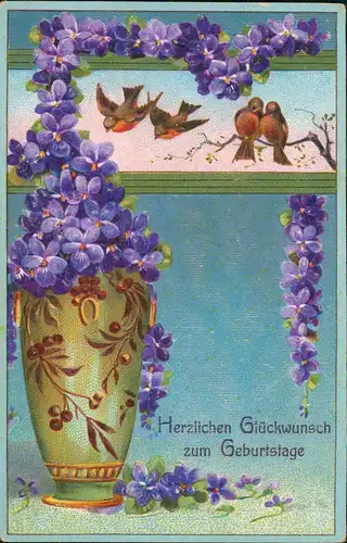 Ansichtskarte  Grußkarten: Geburtstag Feilchen Vase 1908 Prägekarte