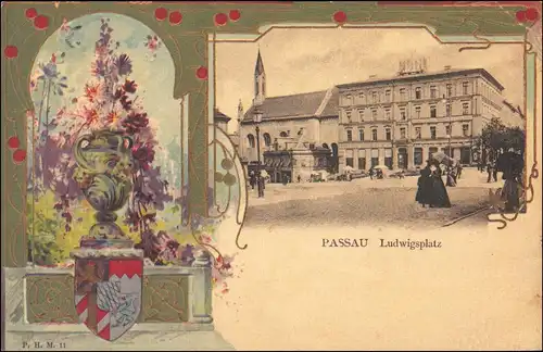 Ansichtskarte Passau Ludwigsplatz - Künstlerkarte 2 Bild Heraldik 1909 REPRO