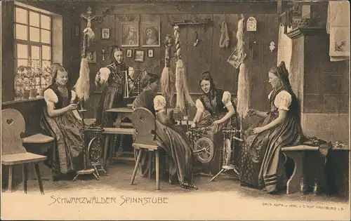 .Baden-Württemberg SCHWARZWÄLDER SPINNSTUBE, Frauen in Tracht bei Arbeit 1900