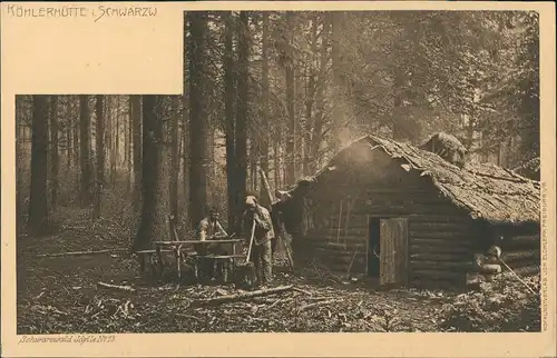 .Baden-Württemberg Schwarzwald Idylle Köhlerhütte Waldarbeiter bei Rast 1900