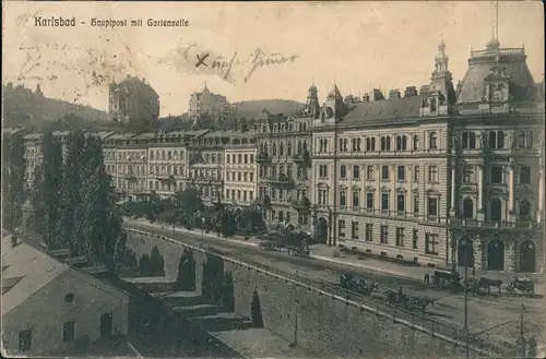 Postcard Karlsbad Karlovy Vary Gartenzeile mit Hauptpost 1913