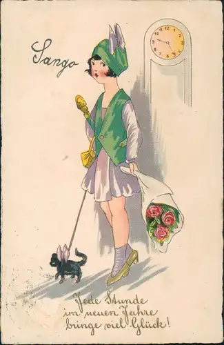 Ansichtskarte  Künstlerkarte Neujahr Mode Junge Frau mit Hund 1929